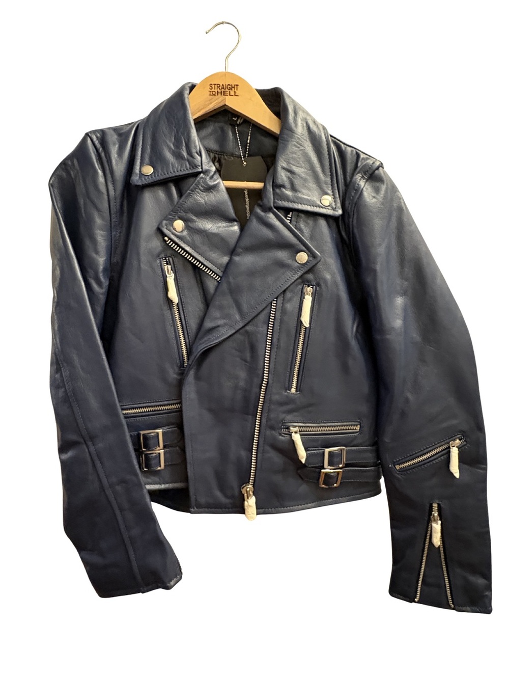 Straight To Hell Women’s Blue Leather Motorcycle Jacket - Picture 2 of 7